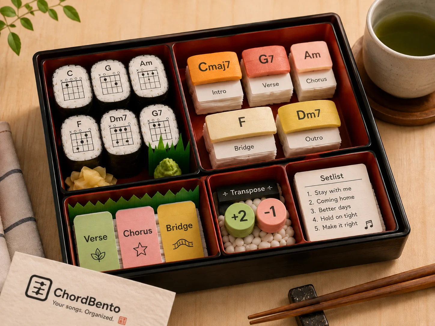 A bento box filled with chord diagrams, section tabs and a setlist card